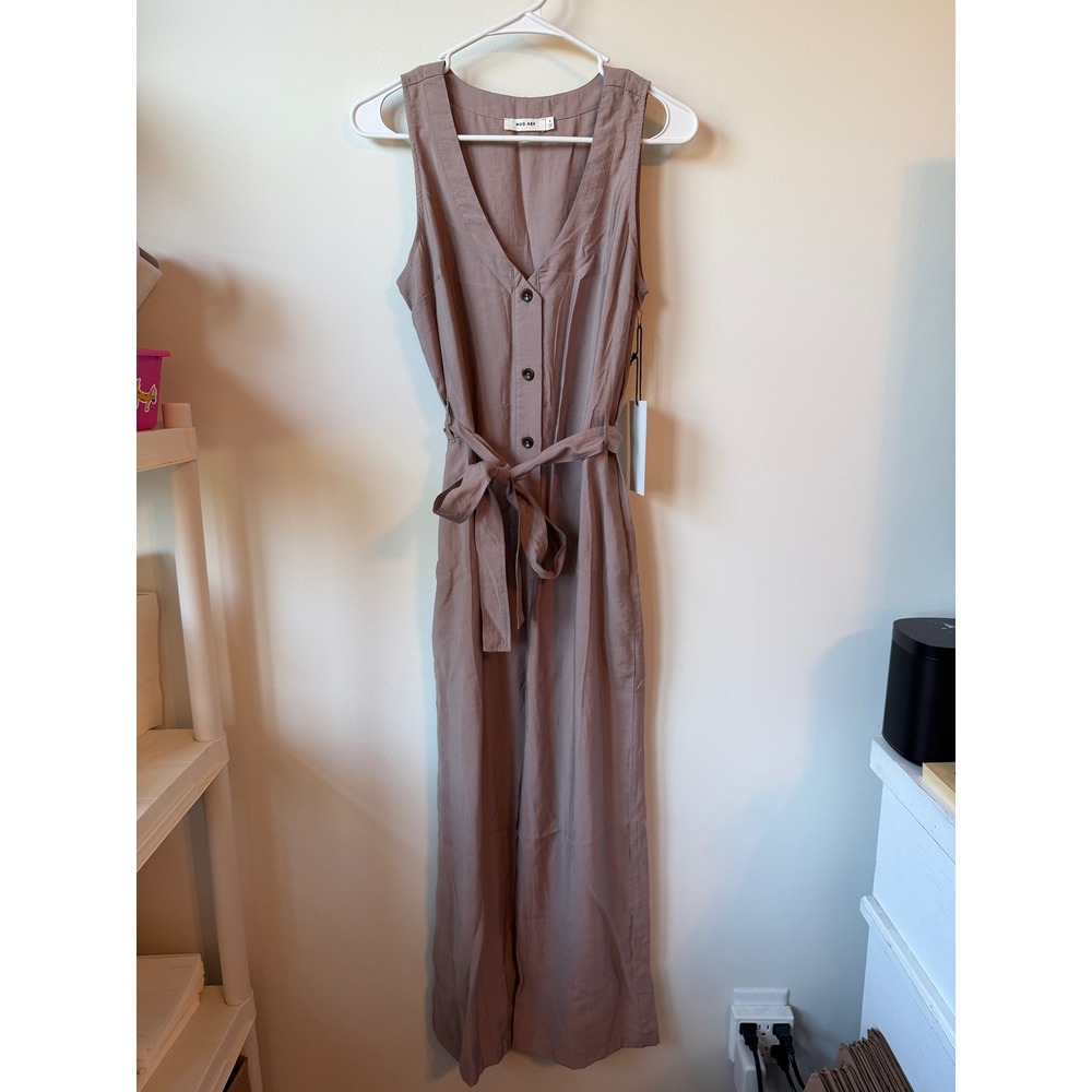 Mod Ref Womens Mauve Taupe Sleeveless Button Front Wide Leg Jumpsuit Size S NWT